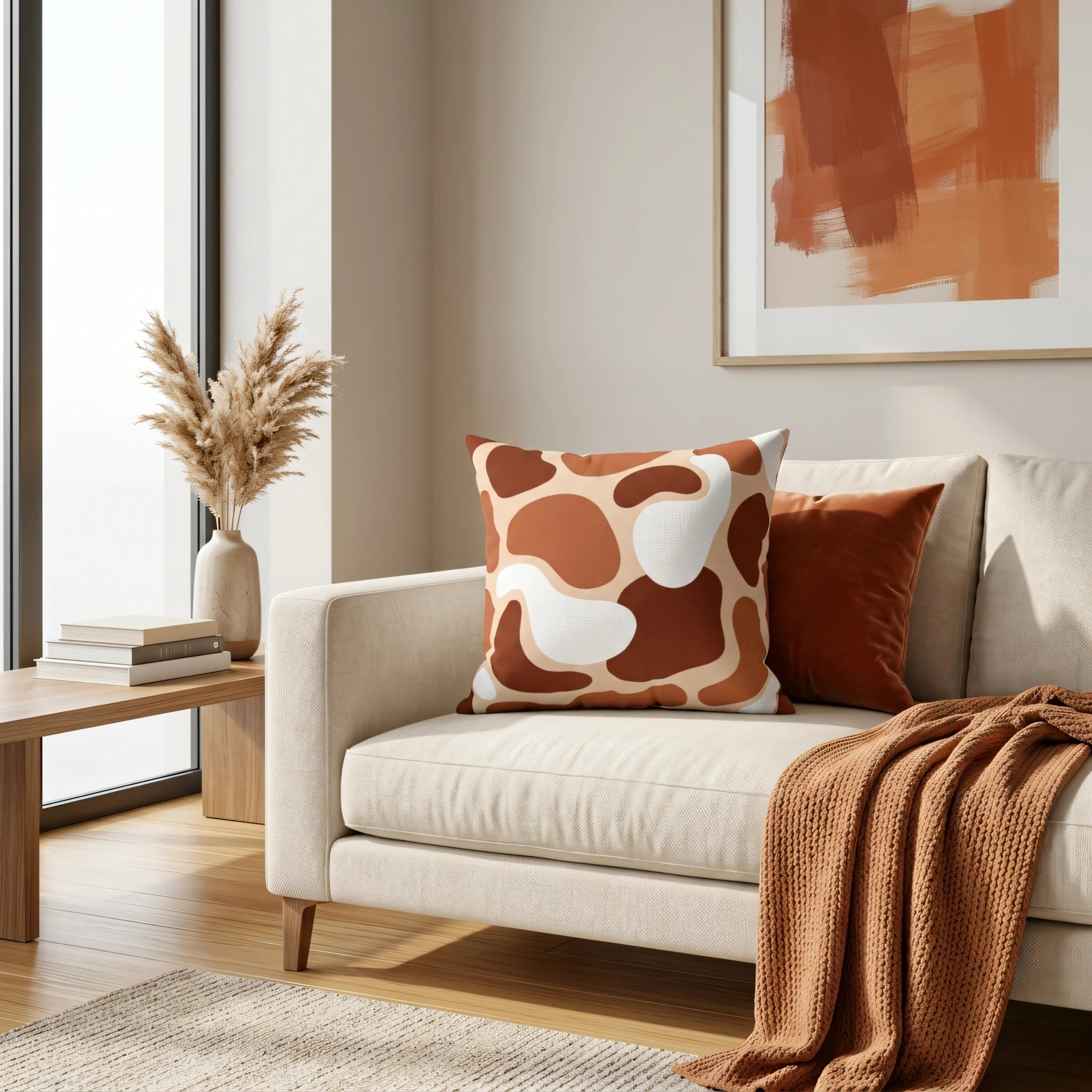 Abstract pattern cushion in terracotta and brown on a cream sofa in a modern living room setting with an orange throw and minimalist wall art.