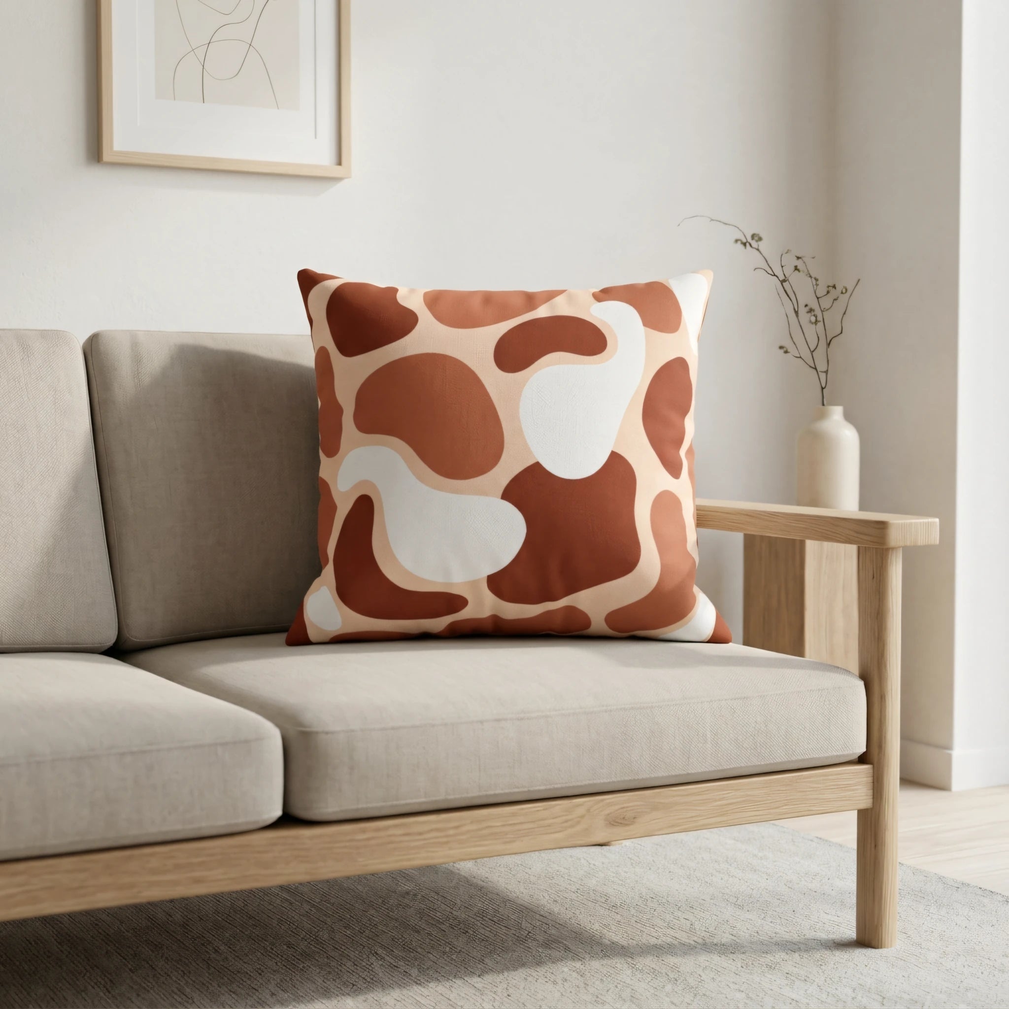 Terracotta and white abstract print throw pillow on a beige sofa in a minimalist living room interior with modern wooden accents.