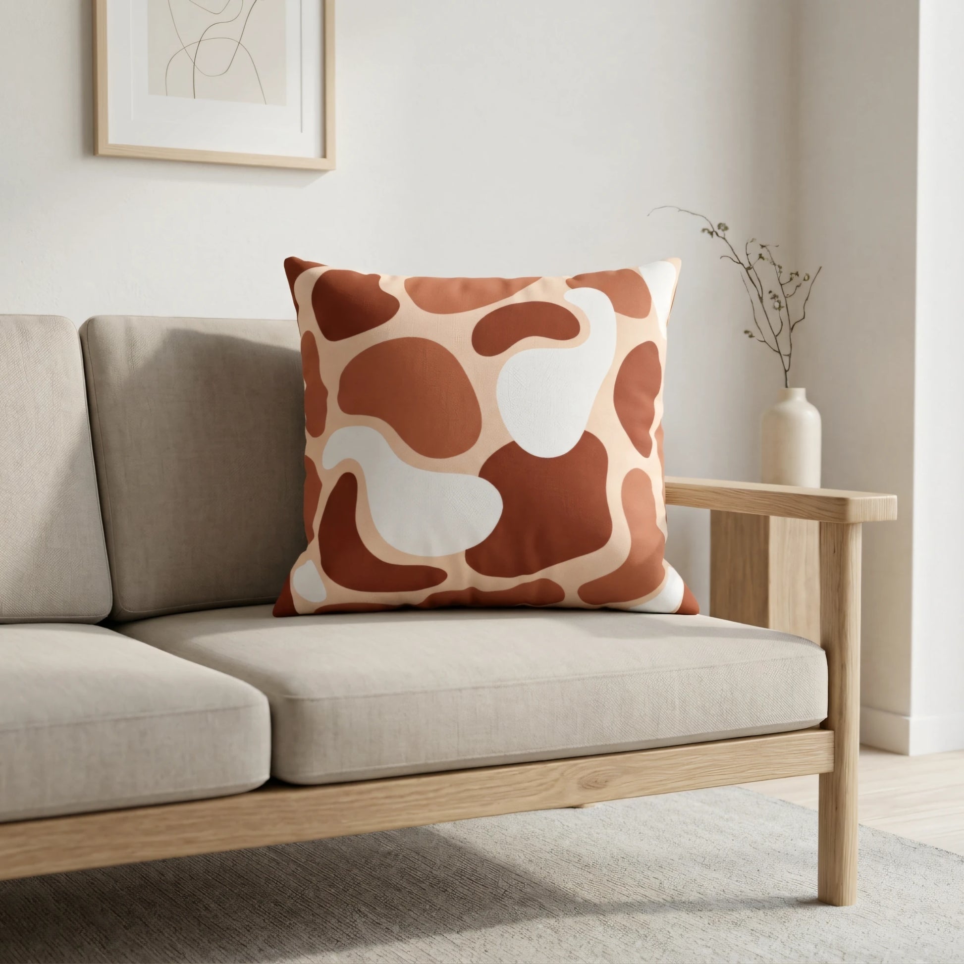 Terracotta and white abstract print throw pillow on a beige sofa in a minimalist living room interior with modern wooden accents.