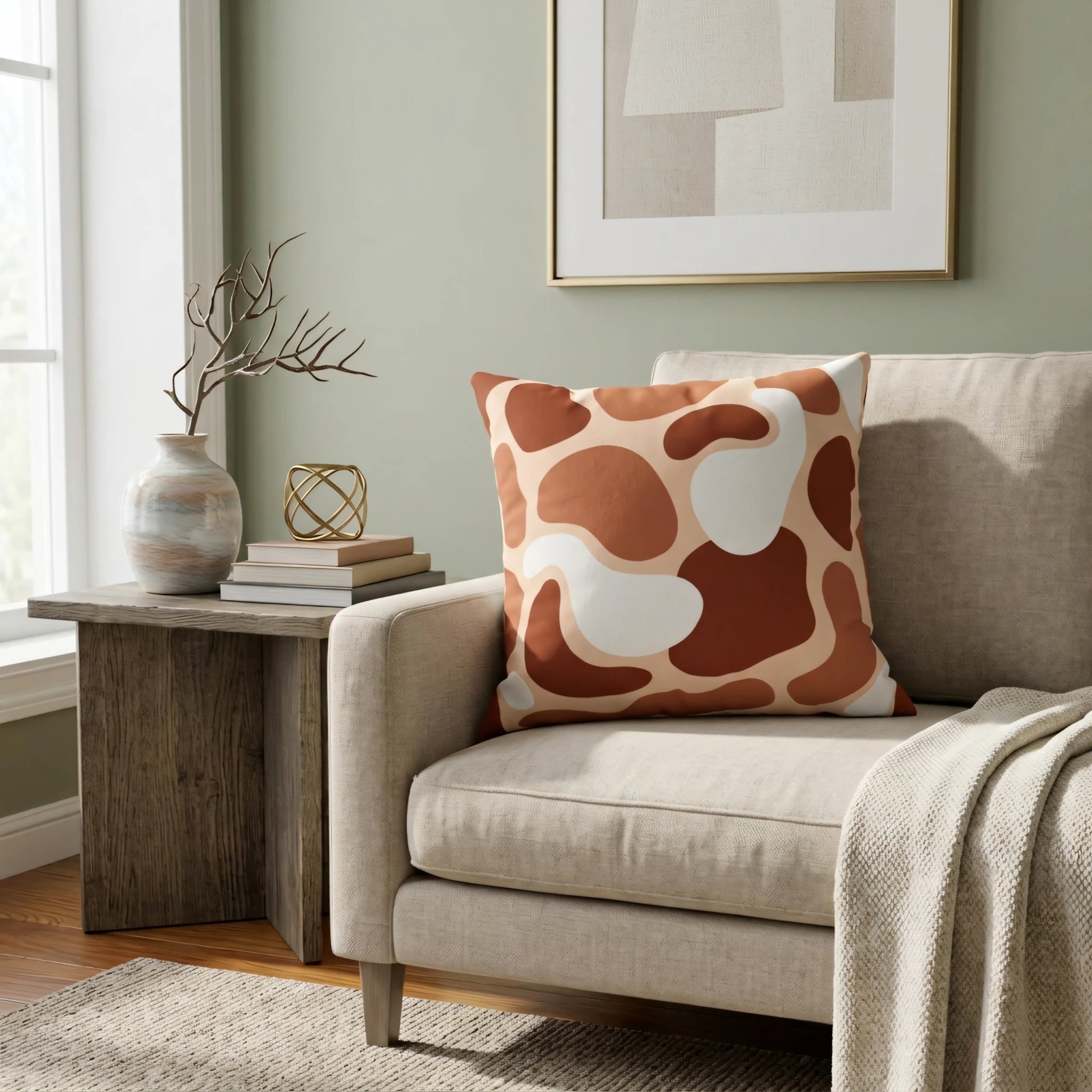 Abstract terracotta and cream pattern throw pillow on a beige armchair in a modern living room with sage walls and minimalist decor.
