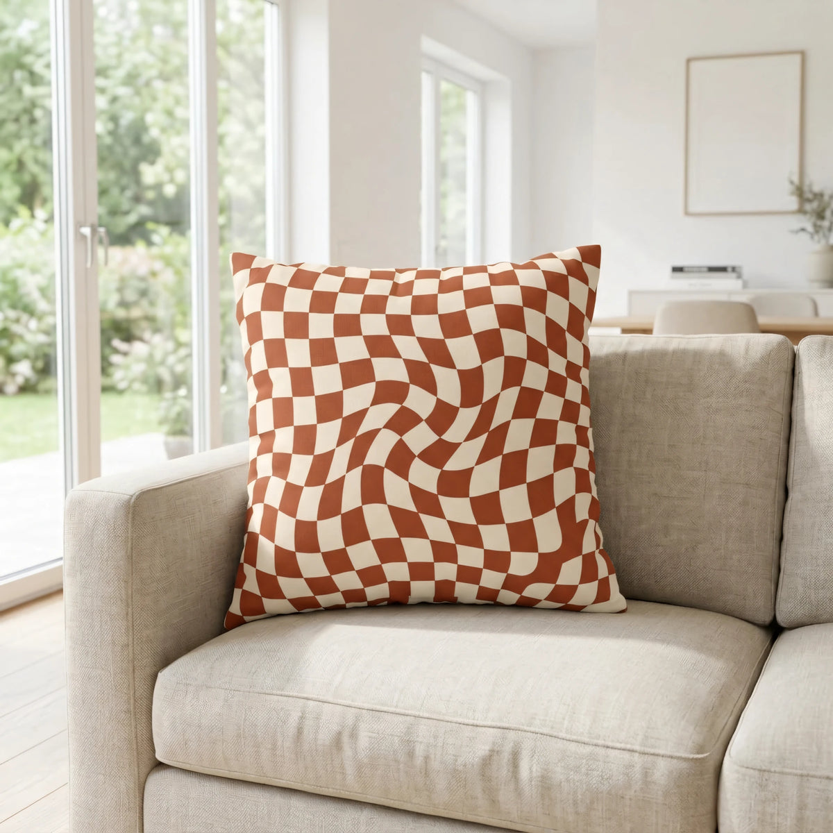 Wavy Checkerboard Cushion Cover, lifestyle view.