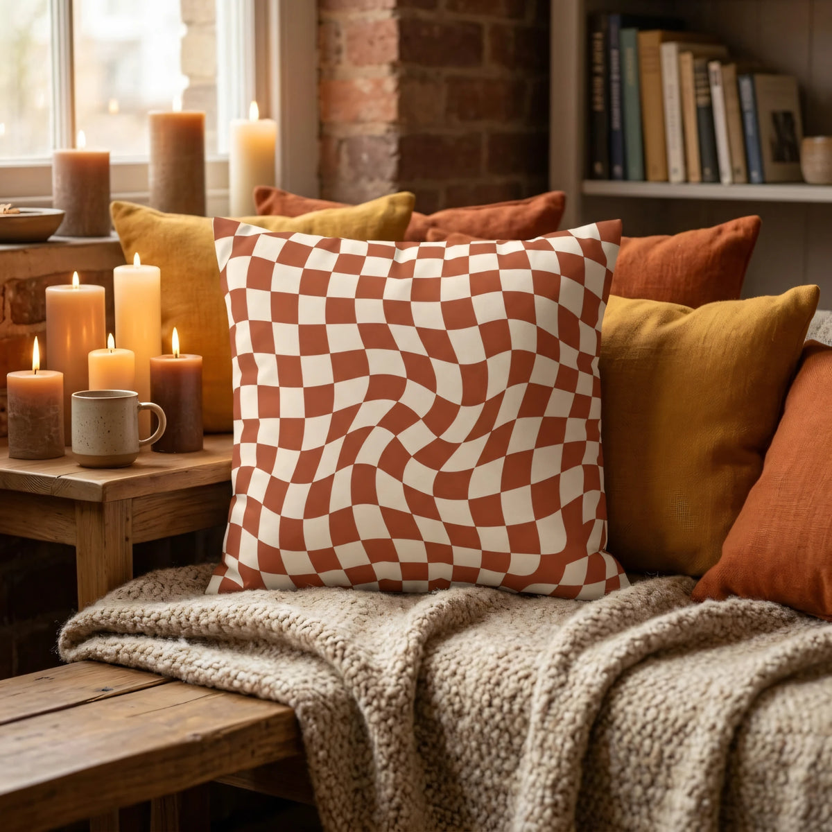Wavy Checkerboard Cushion Cover, lifestyle view.