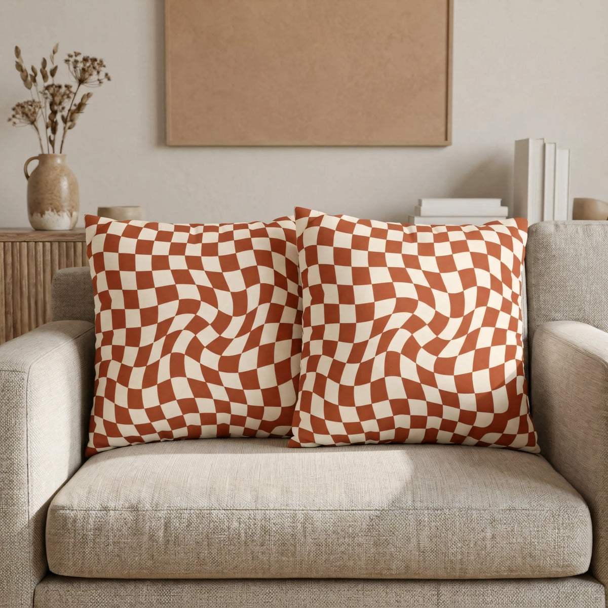Wavy Checkerboard Cushion Cover, lifestyle view.