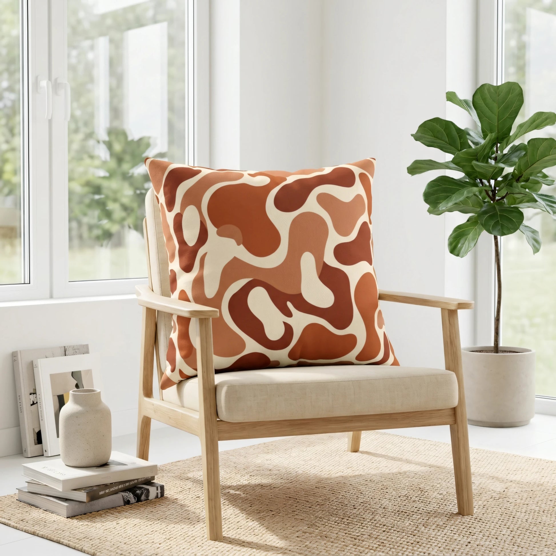 Brown and terracotta abstract pattern pillow on a wooden armchair in a bright, modern living room with natural light and indoor plants.