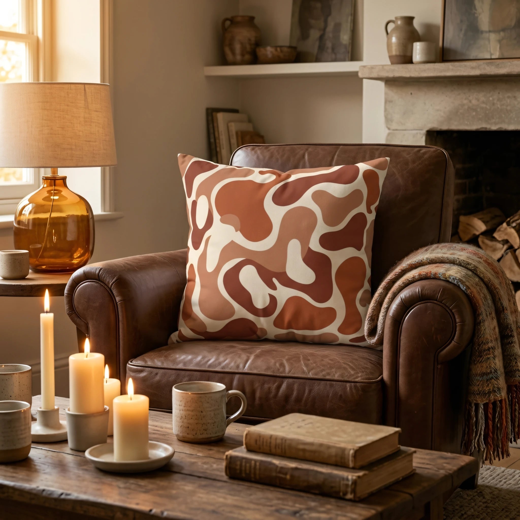 Terracotta abstract cushion with organic wavy patterns on a brown leather armchair in a cozy living room with candles and rustic wooden decor.