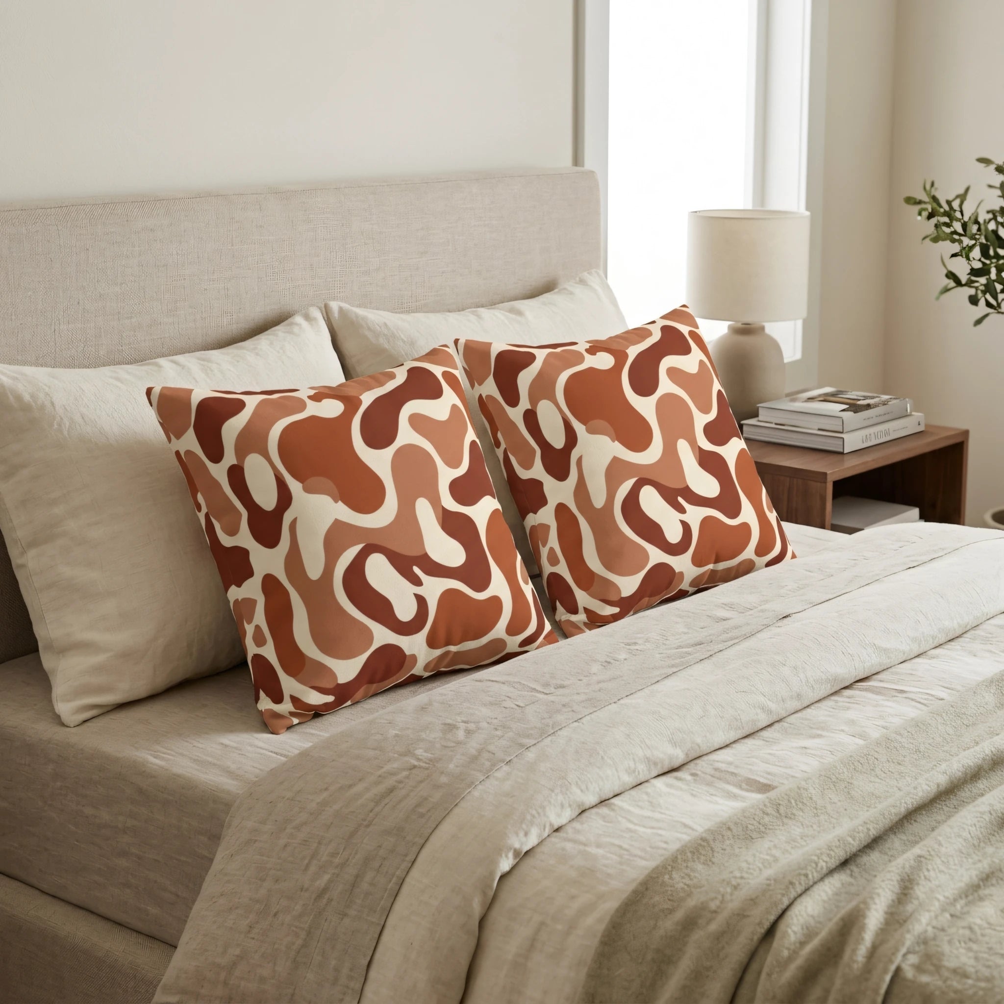 Duo of cushions featuring a terracotta abstract pattern, styled on a beige bed in a bright, minimalist bedroom interior.