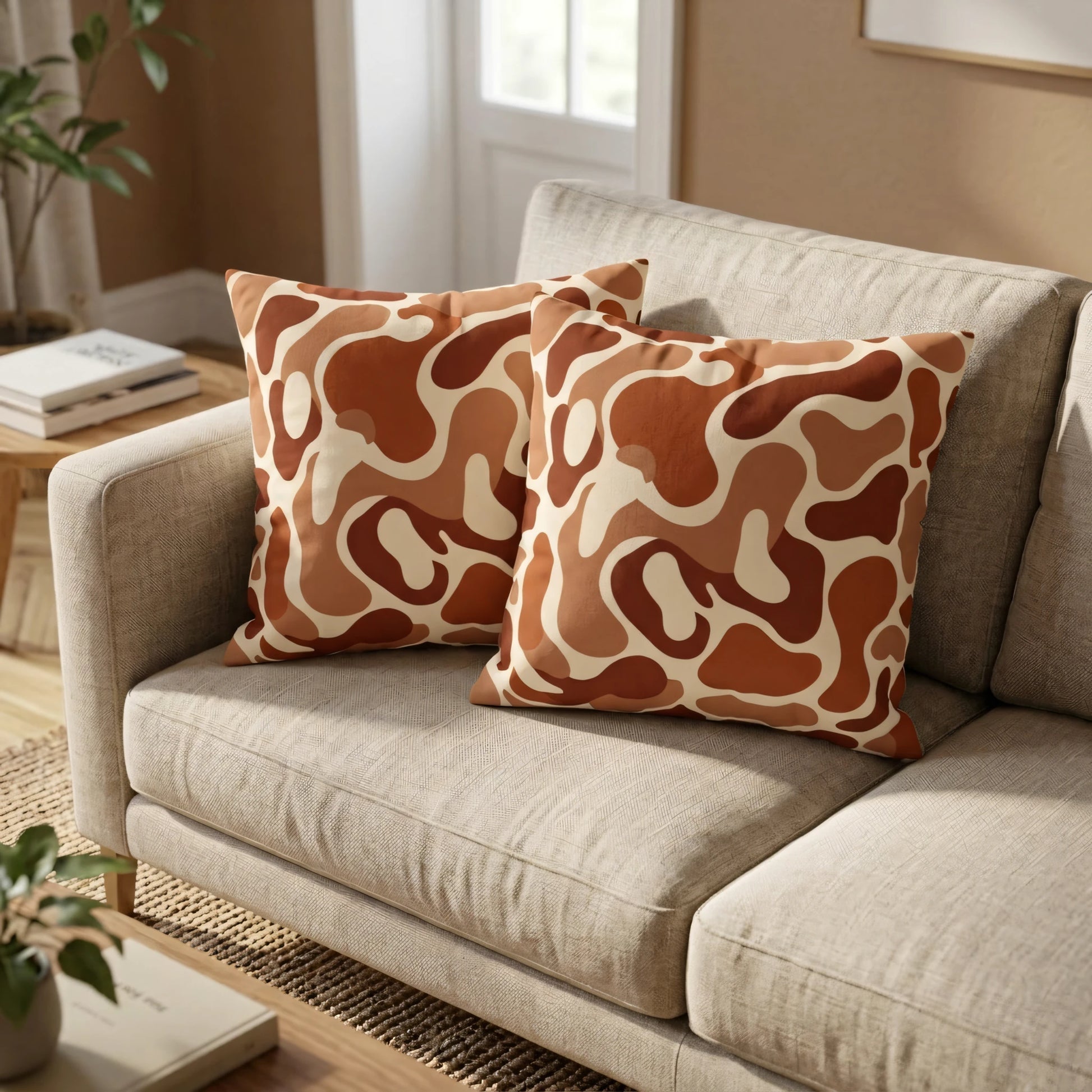 Two square cushions with a brown and tan abstract wavy pattern, styled on a neutral fabric sofa in a bright, modern living room setting.
