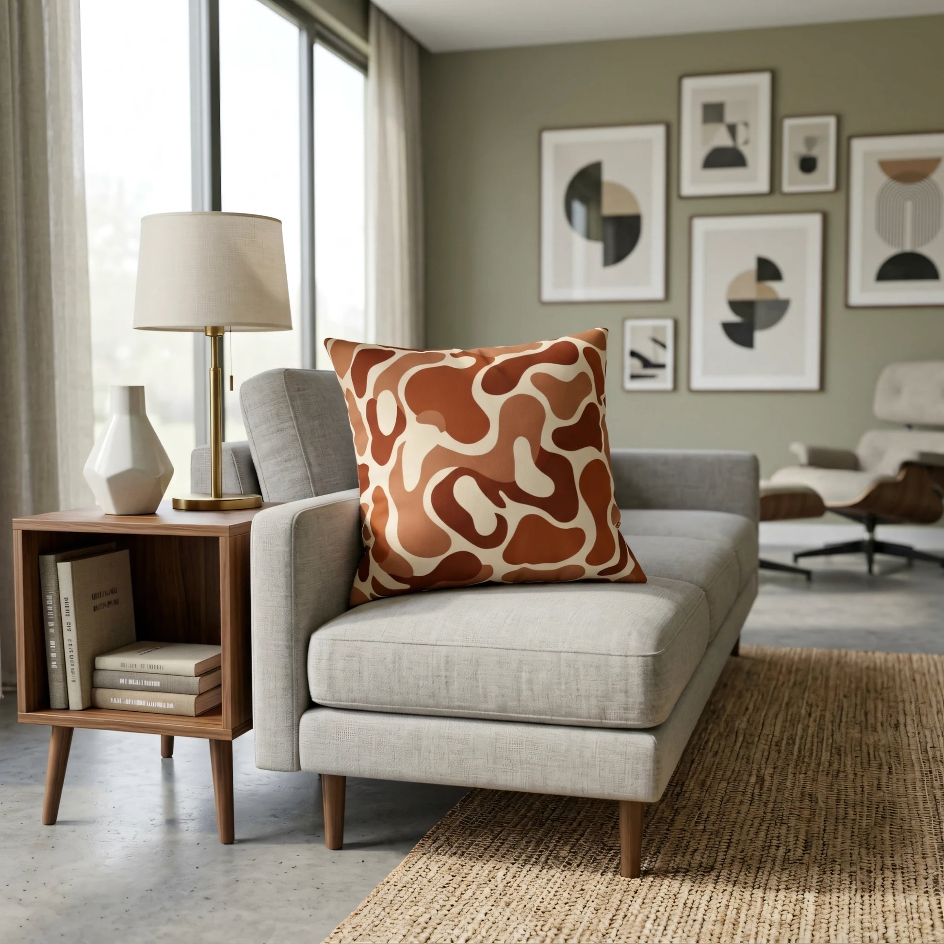 Abstract brown and rust patterned throw pillow on a grey sofa in a modern living room with gallery wall art and a wooden side table.