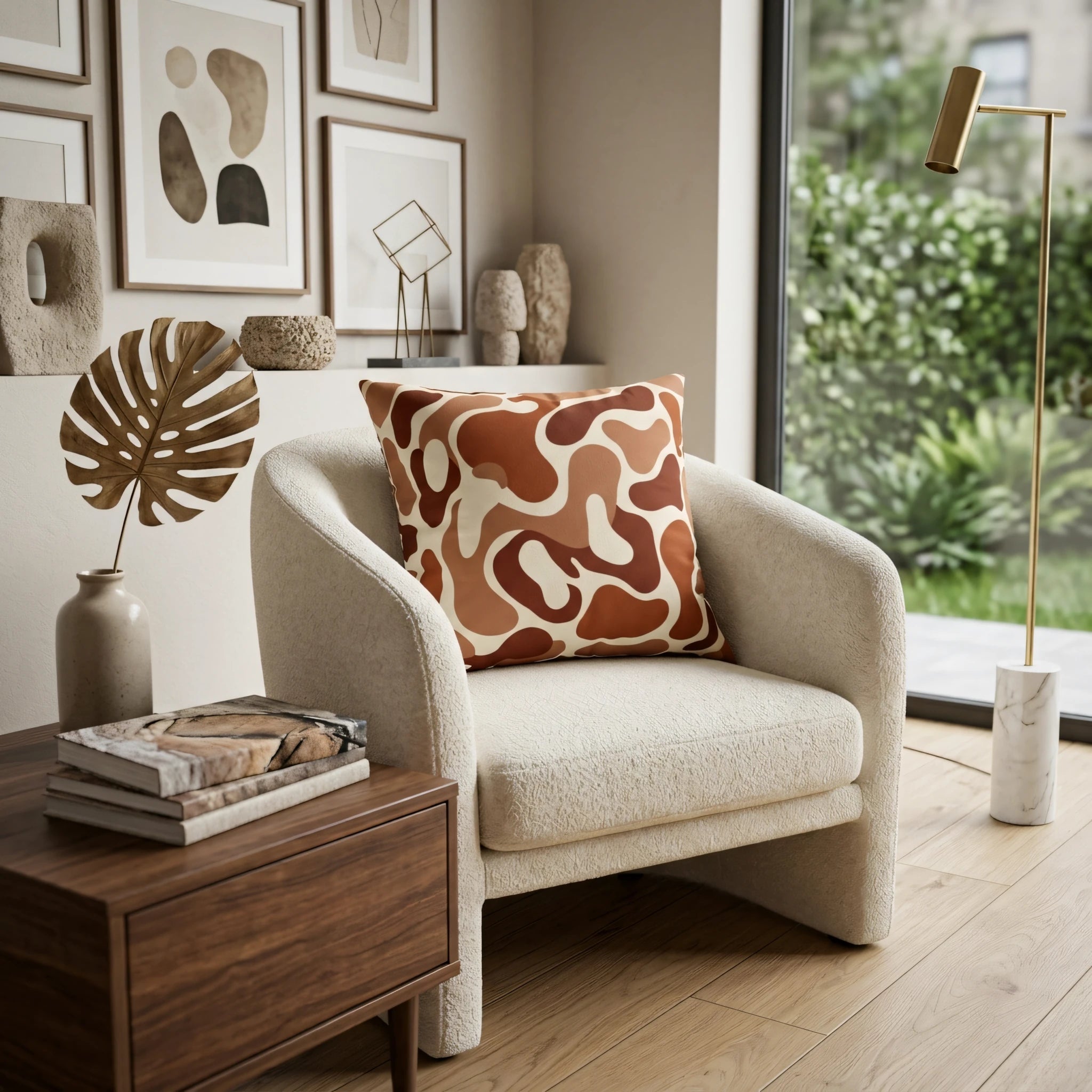 Abstract pattern throw pillow in terracotta and cream colors on a white boucle armchair in a cozy, stylish living room setting.
