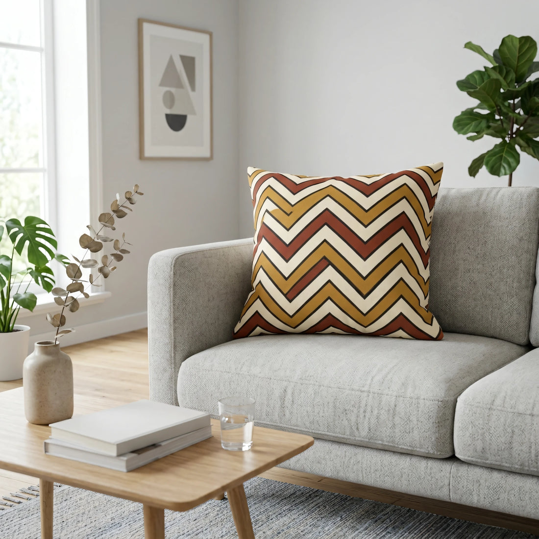 Front view of Geometric Throw Pillow Cover in Rust and Ochre on a white background.