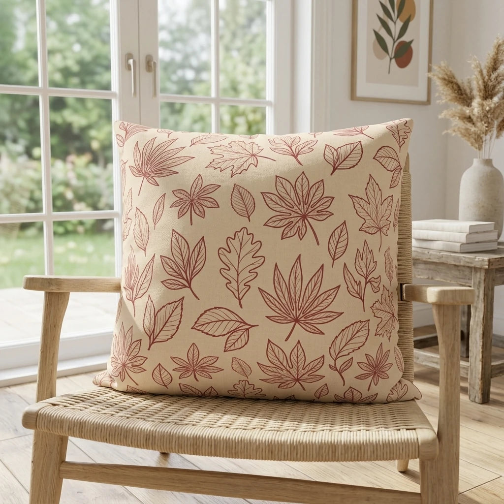 Cream and rust autumn leaf print cushion resting on a wooden chair in a bright lifestyle setting with a window and garden view.