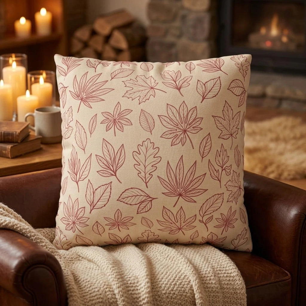 Cream coussin with red autumn leaf patterns on a leather armchair in a cozy home setting featuring candles and a warm fireplace background.