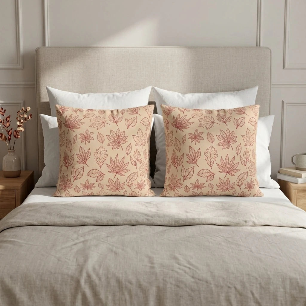 Pair of decorative pillows featuring a red leaf pattern on beige, styled on a minimalist bed with a neutral headboard in a bright bedroom.