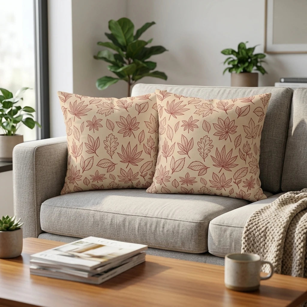 Duo of cream throw pillows with rust-colored leaf patterns on a grey sofa in a bright, modern living room with plants and a coffee table.