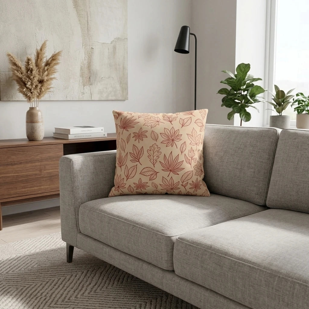 Decorative throw pillow with a terracotta leaf pattern on a light grey sofa in a modern living room with neutral colors and indoor plants.