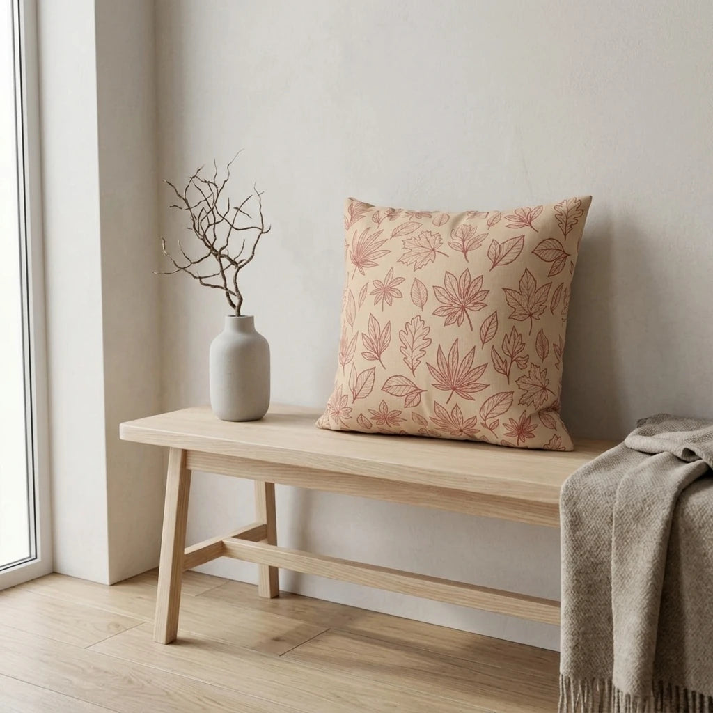 Beige decorative pillow with red autumn leaf patterns on a light wooden bench in a minimalist interior setting, ideal for cozy fall home decor.