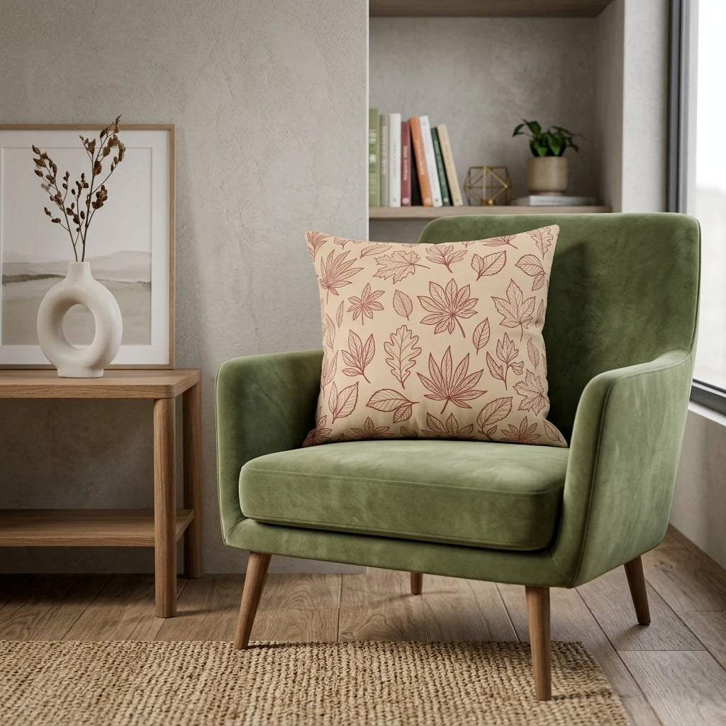 Cream decorative cushion with terracotta leaf patterns on a green velvet armchair in a modern, cozy living room lifestyle setting.