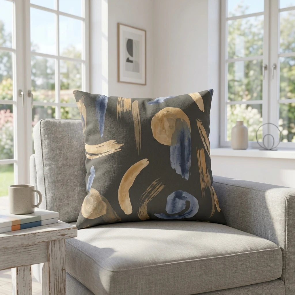 Abstract navy and gold watercolor brushstroke cushion on a light grey armchair in a bright, modern living room with large sunlit windows.