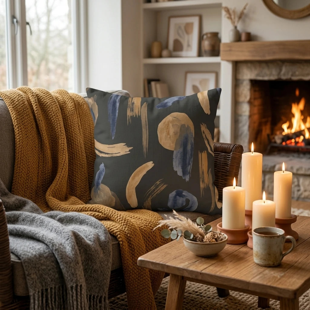 Abstract navy and gold throw pillow on a cozy couch with blankets and lit candles in a warm living room setting with a fireplace.