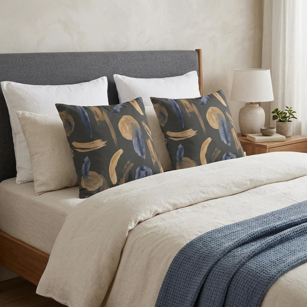 Dark grey cushions with abstract blue and gold brushstrokes on a modern bed with neutral linen bedding and a blue textured throw blanket.