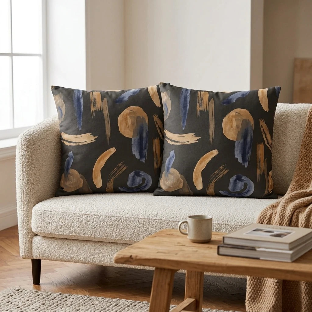 Two decorative cushions with abstract blue and gold brushstrokes on a dark base, styled on a white textured sofa in a modern living room.