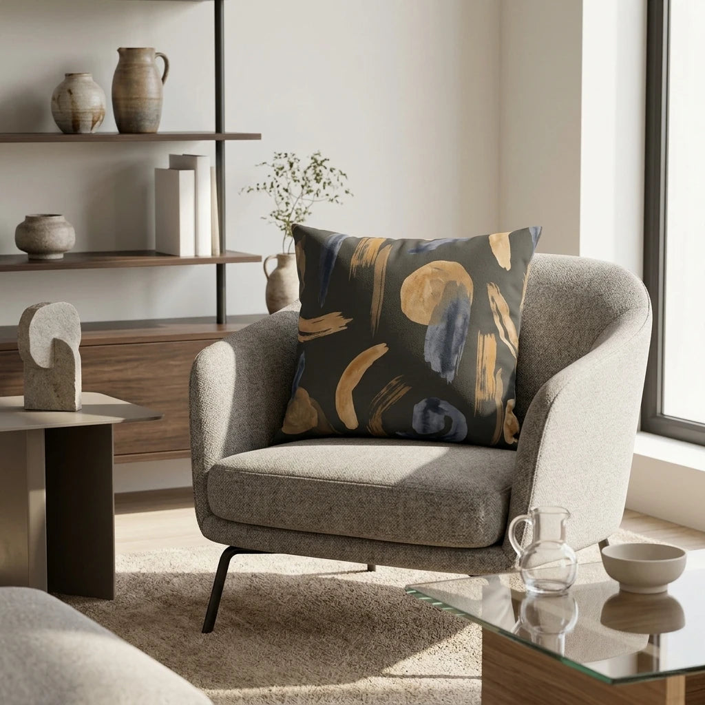 Abstract pattern cushion with gold and navy blue brush strokes on a grey armchair in a modern living room with minimalist decor and shelving.
