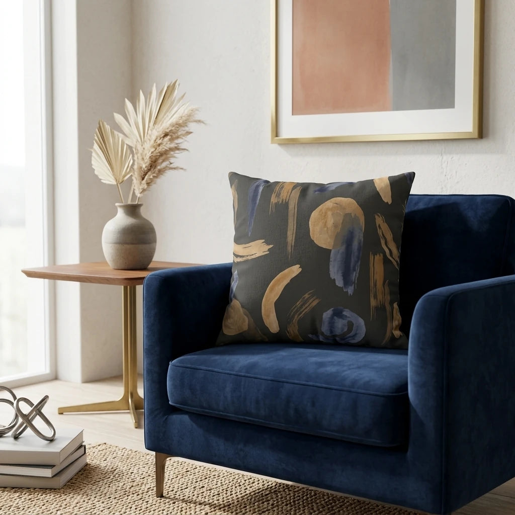 Gold and blue abstract brushstroke cushion on a blue velvet armchair in a modern living room lifestyle setting with minimalist art.