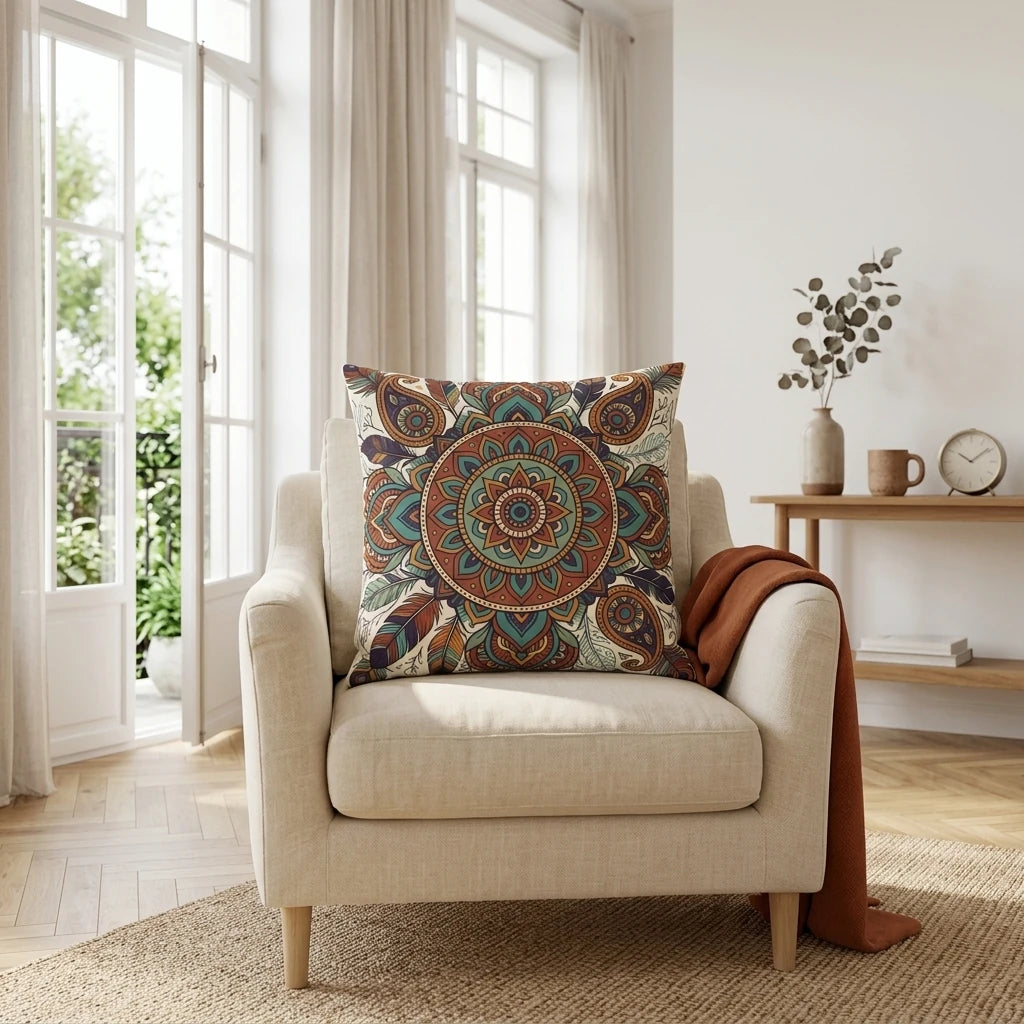 Ornate mandala cushion with earth-toned boho patterns on a beige armchair in a bright, sunlit minimalist living room.