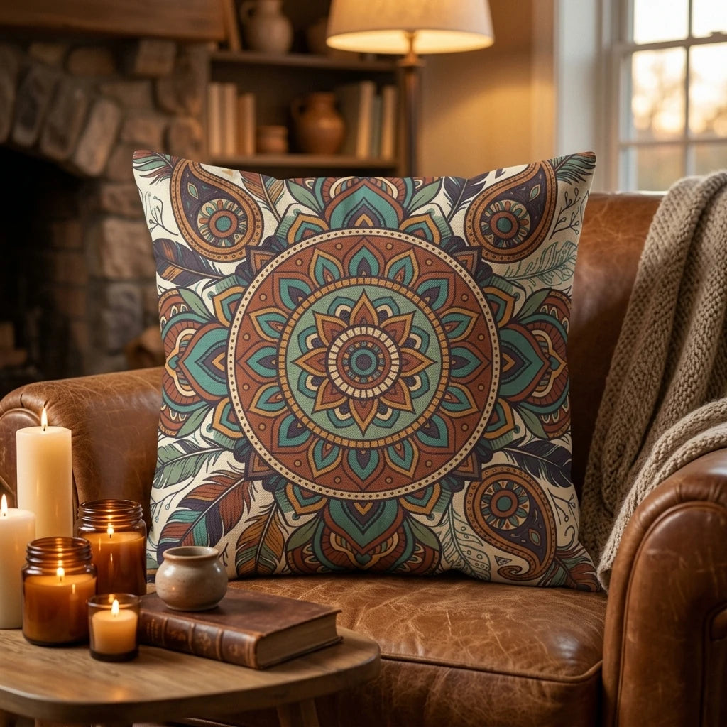 Decorative mandala pillow on a brown leather armchair in a cozy room with candles and a book, featuring teal and orange bohemian patterns.