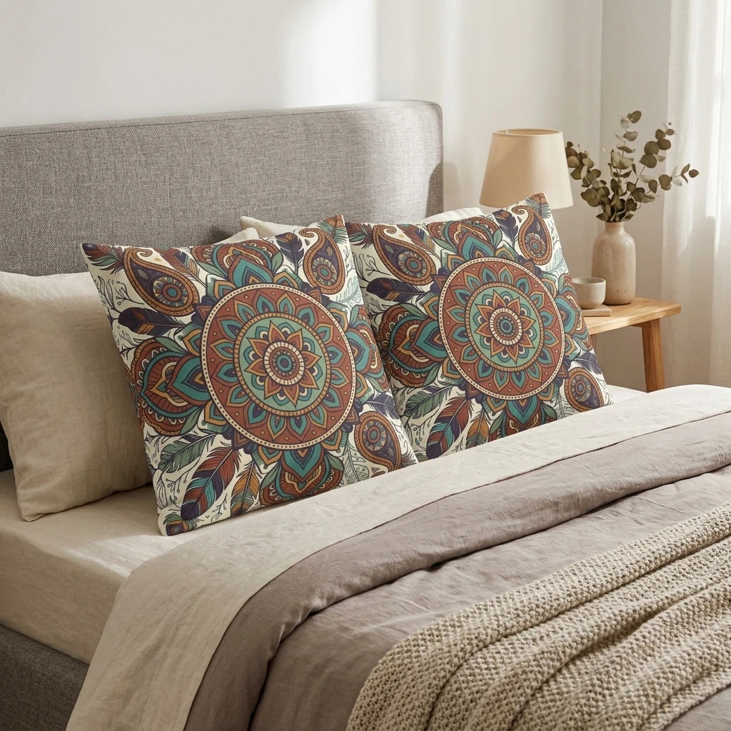 Two decorative mandala pillows with teal and terracotta patterns on a neutral bed, styled in a bohemian bedroom setting with a grey headboard.