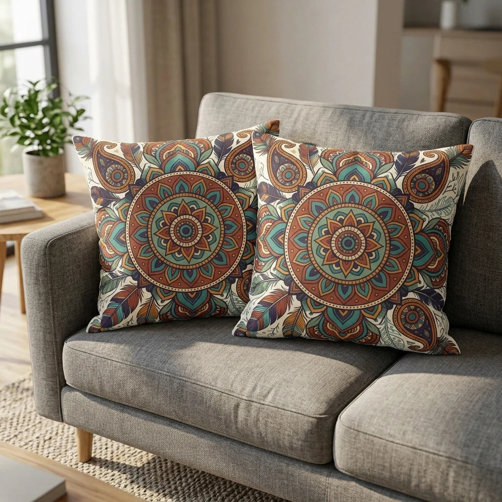 Bohemian throw cushions with earthy mandala patterns and feather details displayed on a grey sofa in a modern, bright living room.
