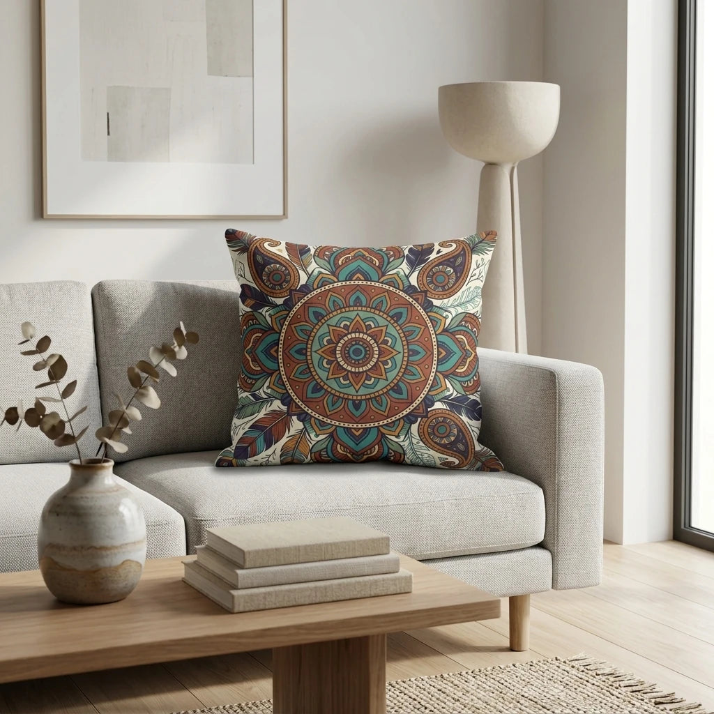 Teal and terracotta mandala throw pillow on a grey sofa in a modern living room setting with a wooden coffee table and minimalist decor.
