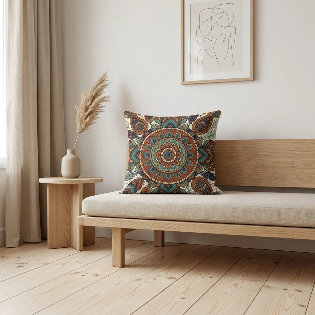 Mandala pattern throw pillow in earthy teal and rust colors on a wooden daybed within a bright, minimalist interior with pampas grass.