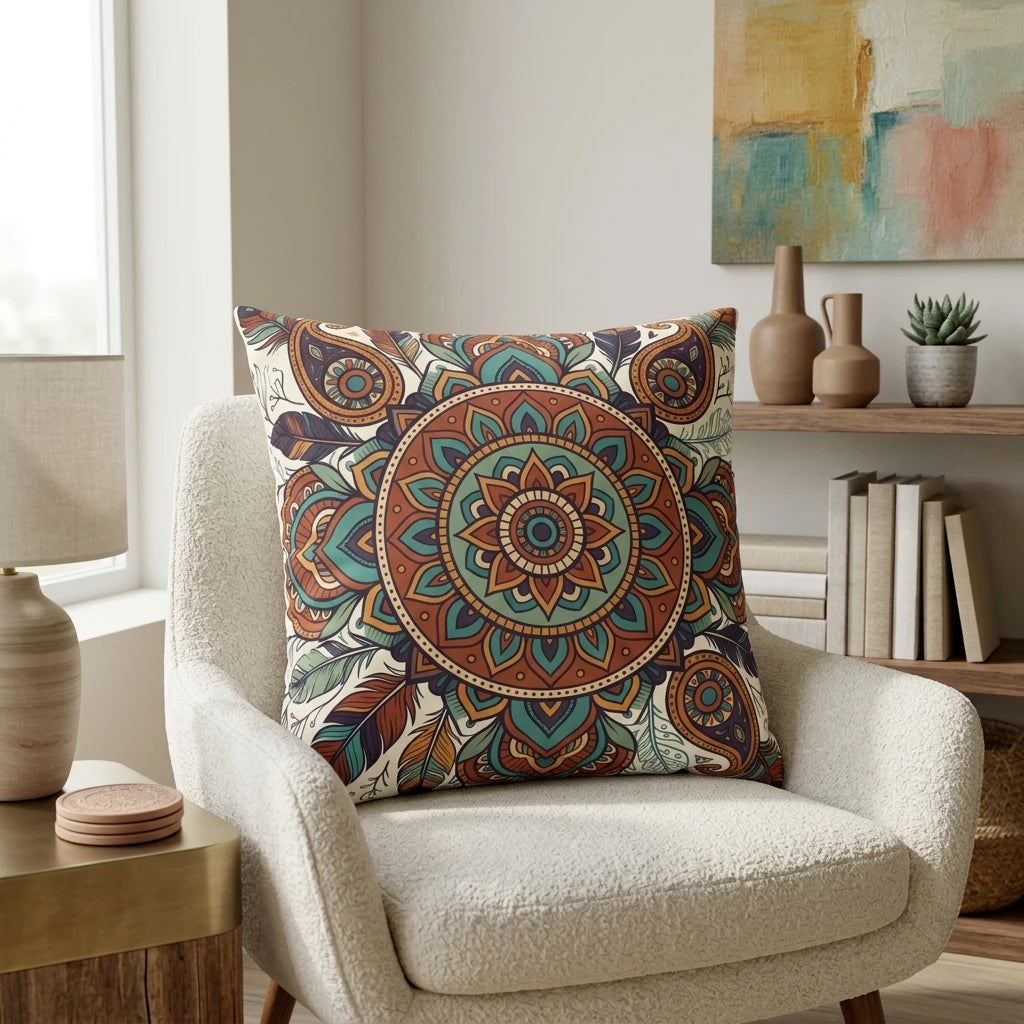 Bohemian mandala cushion with teal and terracotta accents on a white boucle armchair in a stylish, cozy living room.