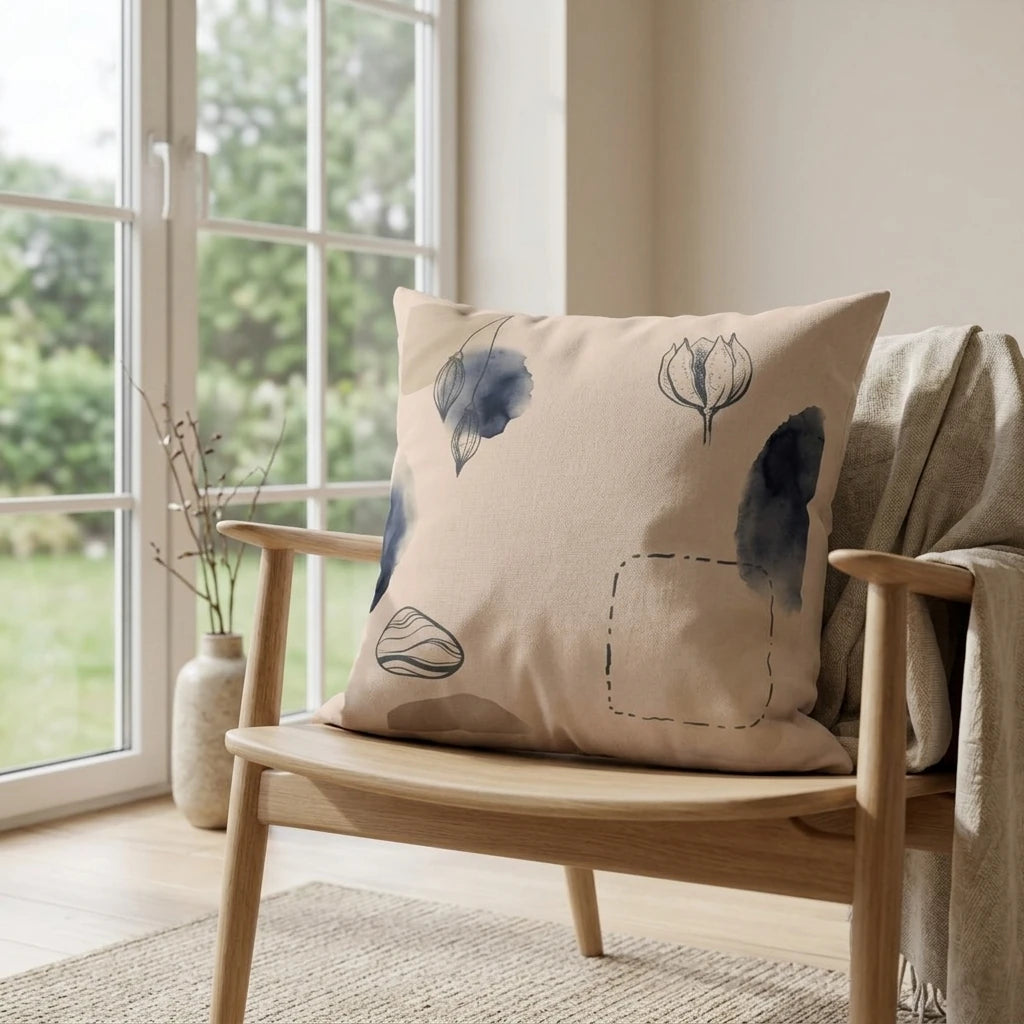 Abstract beige throw pillow with blue botanical art on a wooden chair in a bright, sunlit room with garden views.