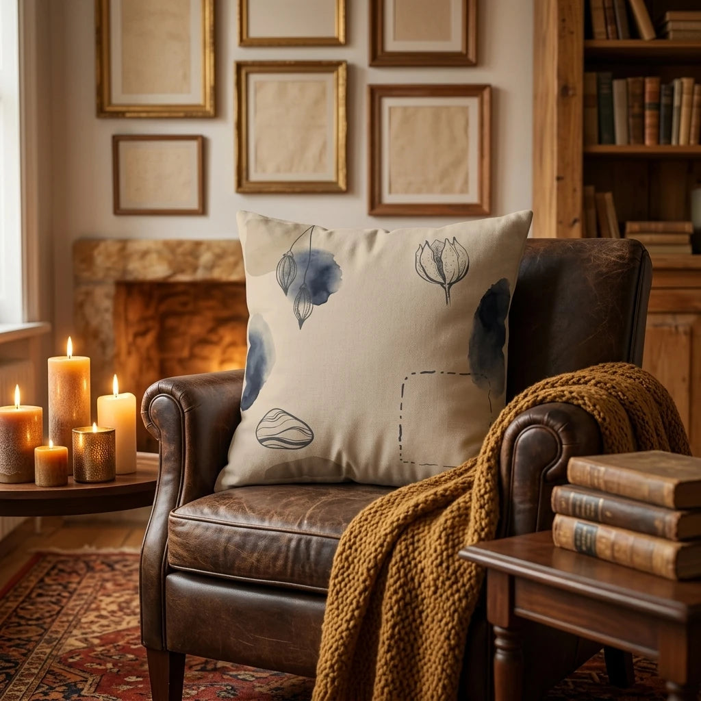 Decorative throw pillow with minimalist botanical design and navy shapes on a leather armchair in a cozy, candlelit living room.