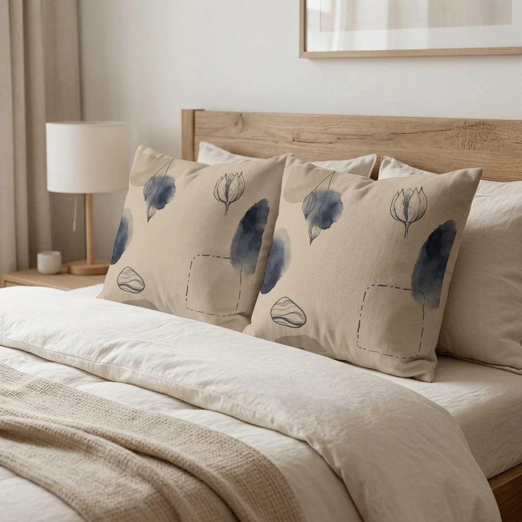 Two beige cushions with abstract navy watercolor and floral sketches on a minimalist bed with a wooden headboard.