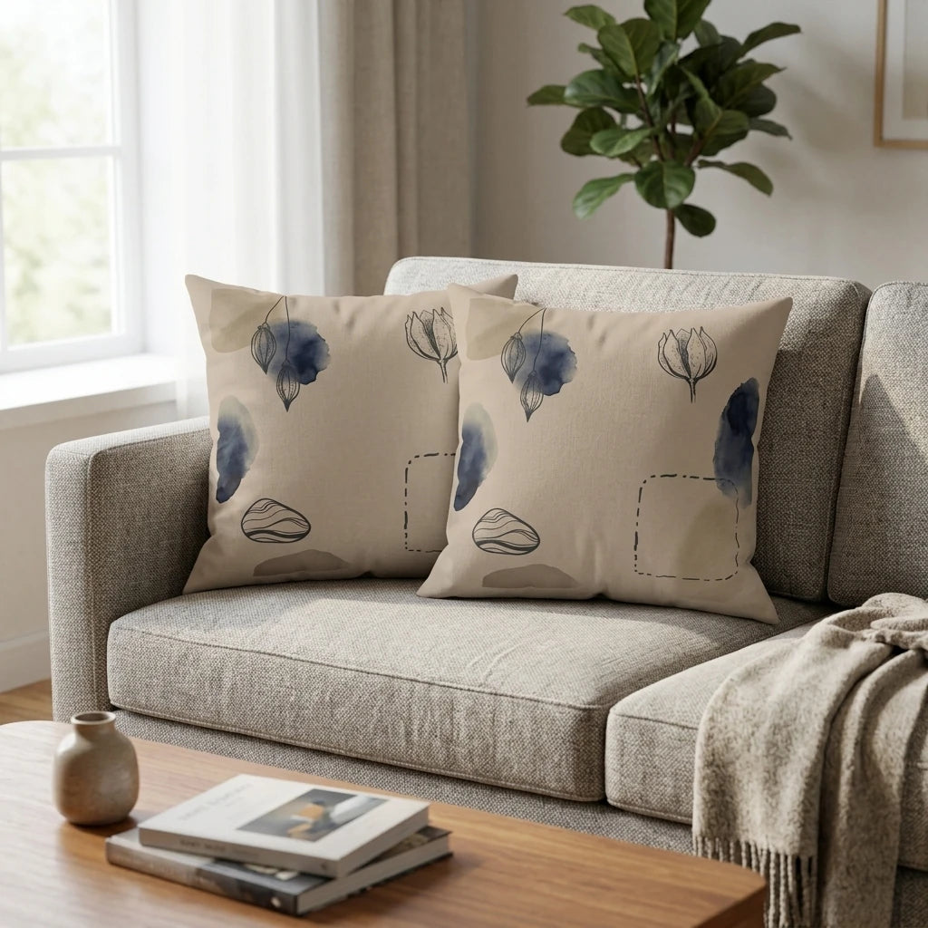 Two beige decorative cushions with blue watercolor botanical art on a light grey sofa in a bright living room setting.