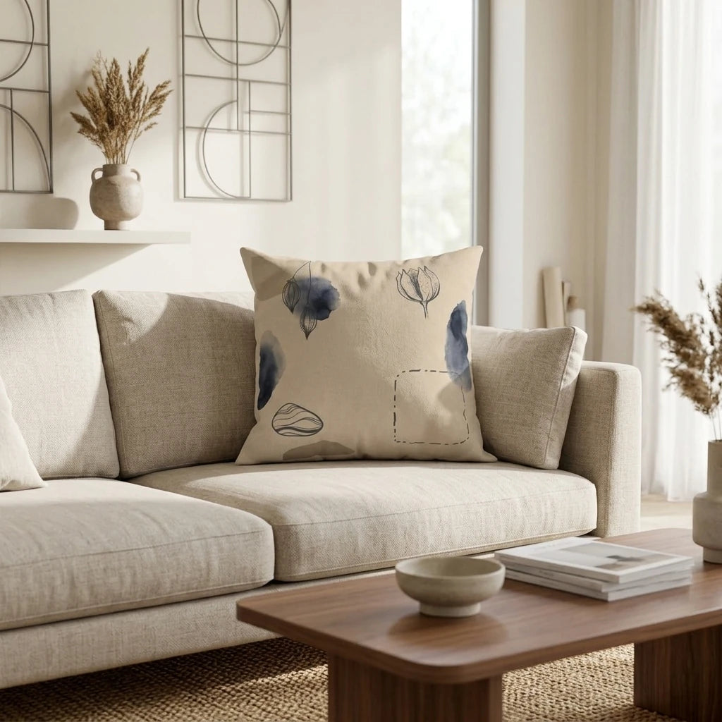 Decorative beige cushion with abstract navy blue art patterns on a light fabric sofa in a modern minimalist living room lifestyle setting.