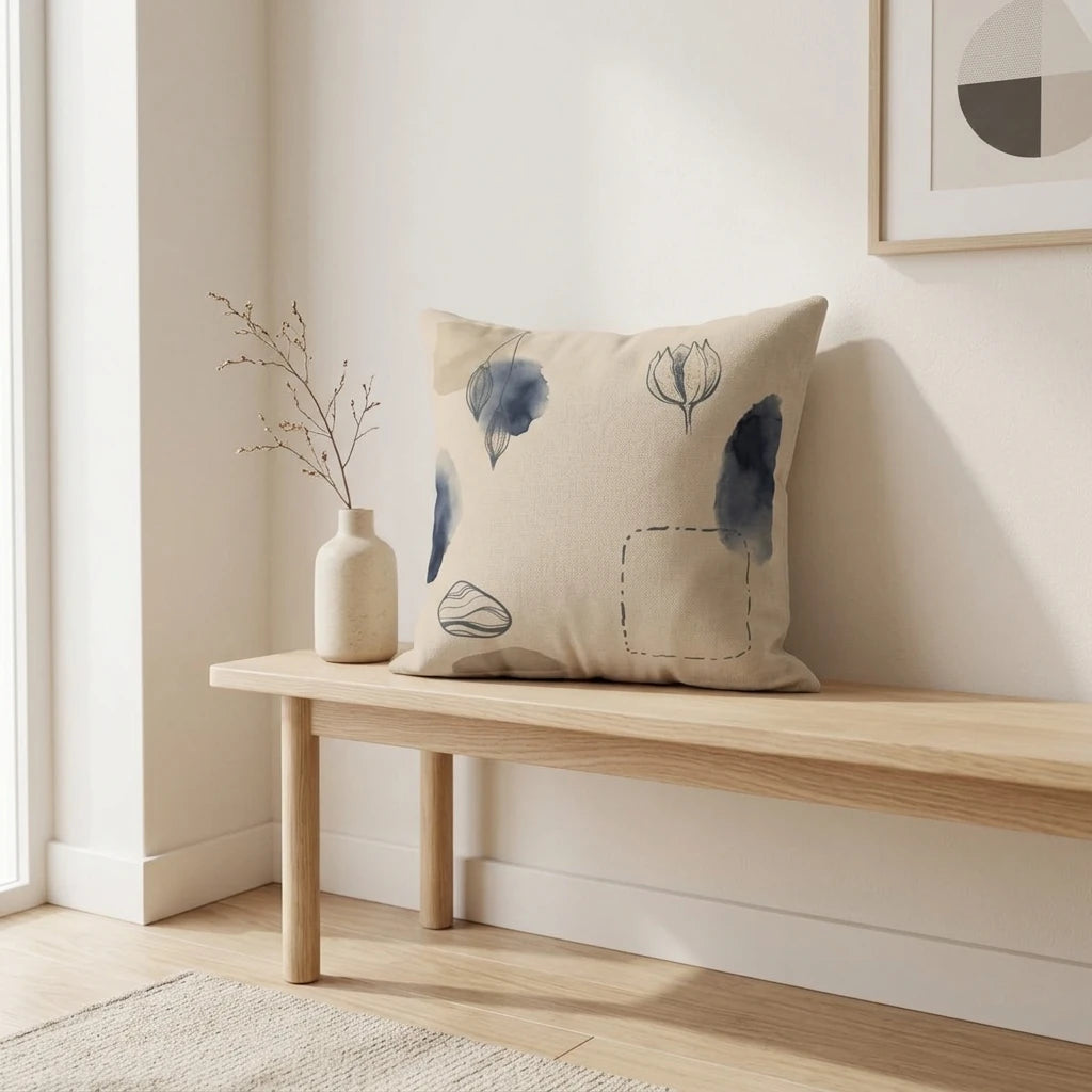 Minimalist beige cushion with navy watercolor shapes and floral lines on a wooden bench in a bright interior setting.