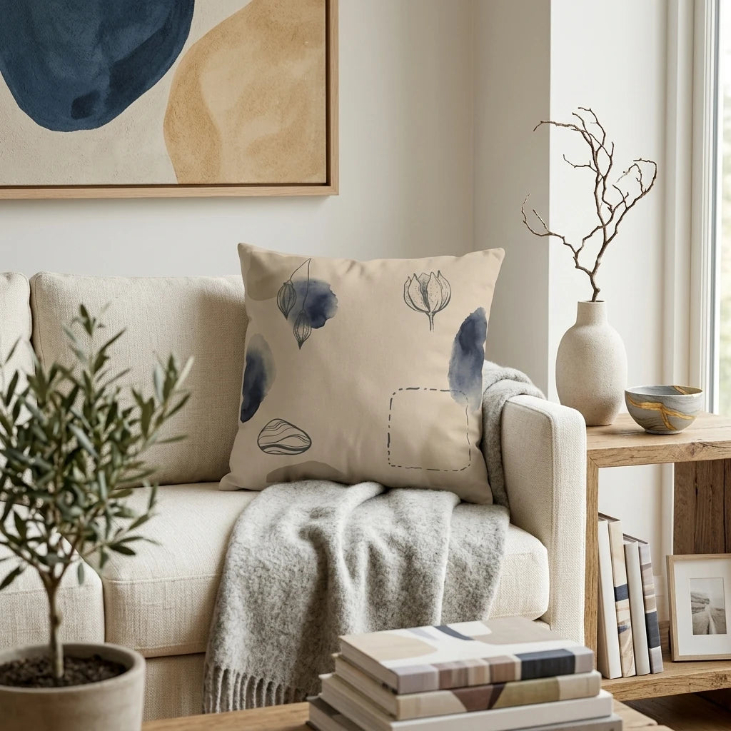 Modern beige pillow featuring navy blue watercolor art and line drawings on a living room sofa near a wooden side table.