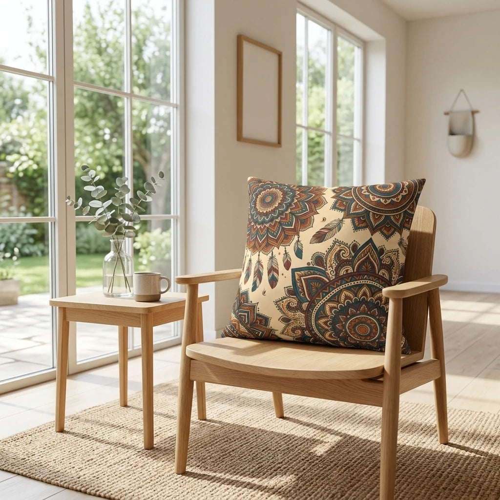 Bohemian mandala cushion with feathers in teal and terracotta on a wooden chair in a bright sunlit room with large windows and natural light.