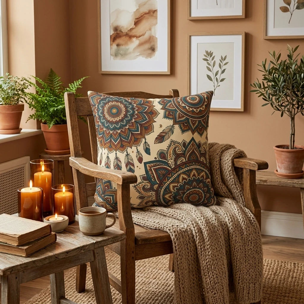 Boho mandala cushion on a rustic wooden chair in a cozy living room with candles and plants, featuring teal and terracotta earth tones.