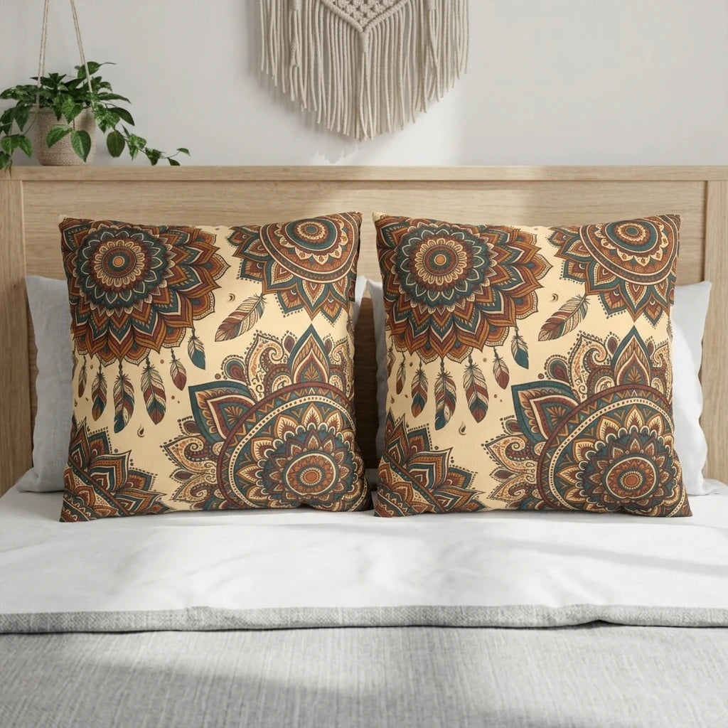 Decorative pillows featuring a teal and orange mandala pattern with feathers on a white bed with a wooden headboard and macrame wall art.