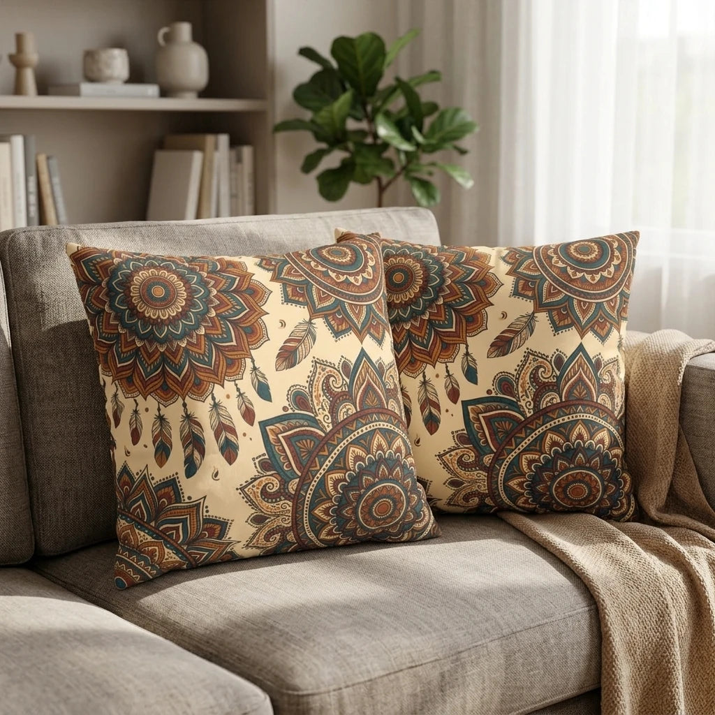 Pair of boho mandala pattern cushions in earth tones on a modern gray sofa, set in a cozy sunlit living room with plants and decorative accents.