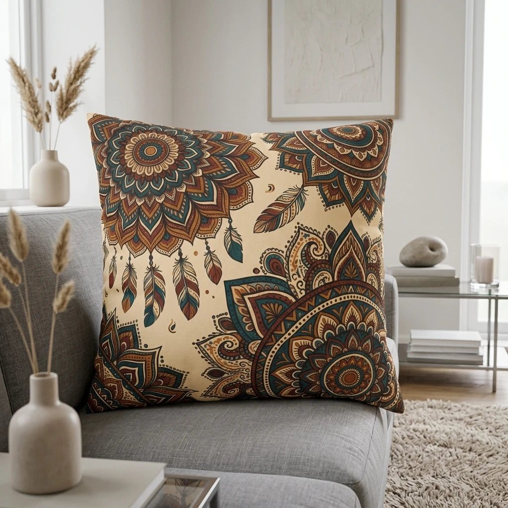 Bohemian mandala throw pillow with earth-toned feather patterns on a grey sofa in a bright modern living room lifestyle setting.