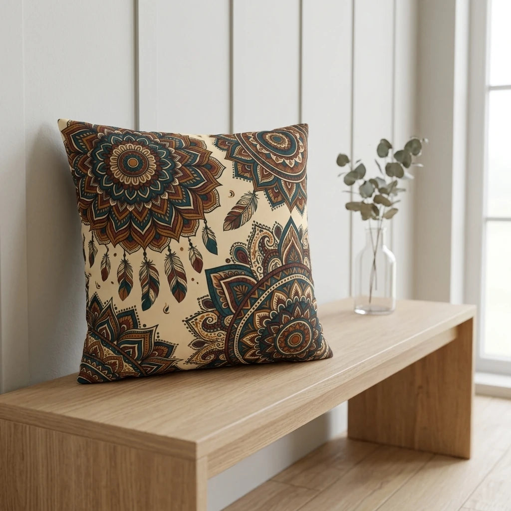 Bohemian mandala throw pillow with feathers on a wooden bench in a minimalist interior featuring soft neutral tones and eucalyptus decor.