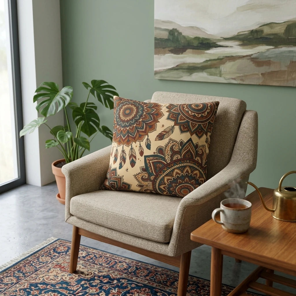 Mandala print throw pillow in rust and teal on a beige armchair, styled in a cozy room with a green plant and cup of tea.