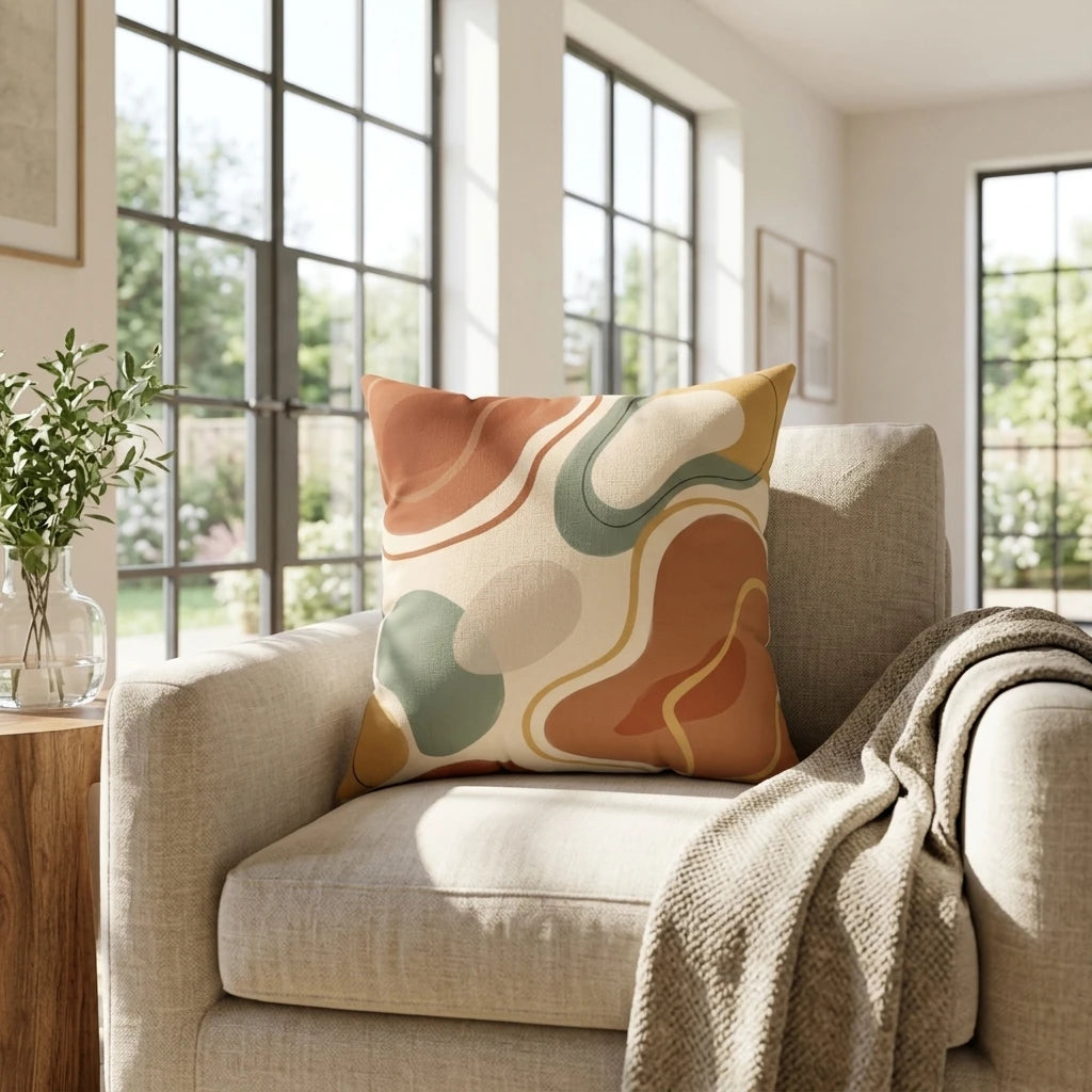 Abstract throw pillow with terracotta, sage, and mustard organic shapes on a beige armchair in a bright, sunlit modern living room.