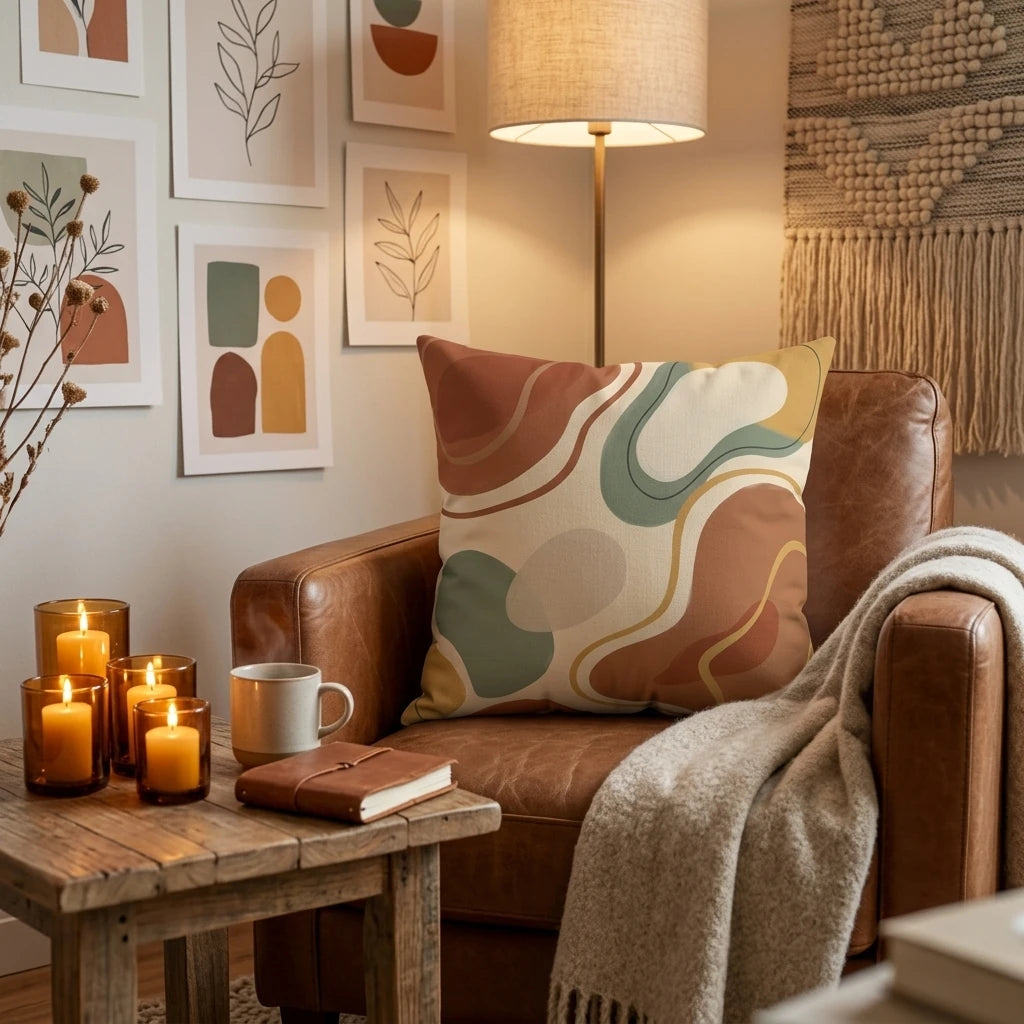 Abstract terracotta and sage green cushion on a leather armchair in a cozy candlelit living room with minimalist wall decor.
